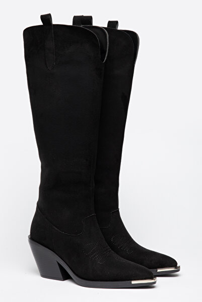 DENORA Black Matte Suede Metal Toe Flat Above-Knee Western Cowboy Boots