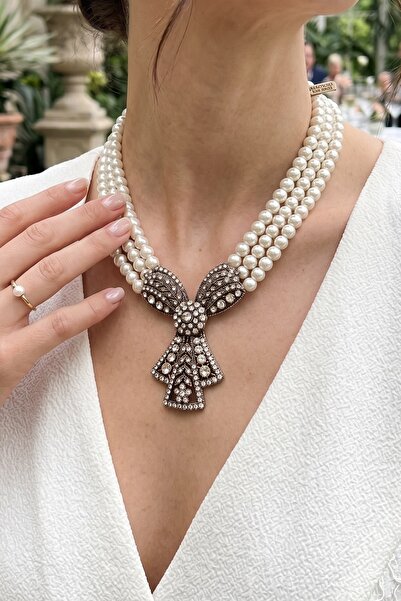 FAYRA ACCESSORIES Kristal Taşlı Tasarım İnci Kolye
