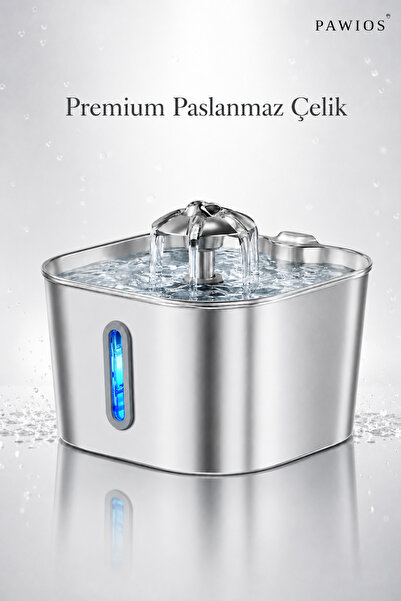 Premium 2.2 L Paslanmaz Çelik Kedi ve Köpek İçin Su Pınarı & Su Sebili | Ultra Sessiz | Su Seviyesi LED Göstergeli | Aktif Karbon Filtreli | Model : SSPF-434