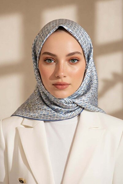 Vissona 100% twill silk stripe patterned indigo - grey colored 90x90 scarf se...