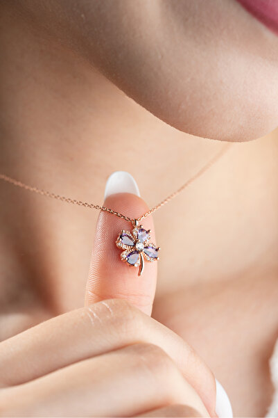 Karem Jewellery Dört Yapraklı Yonca Kolye Mor Taşlı Şans Yoncası Rose Altın K...