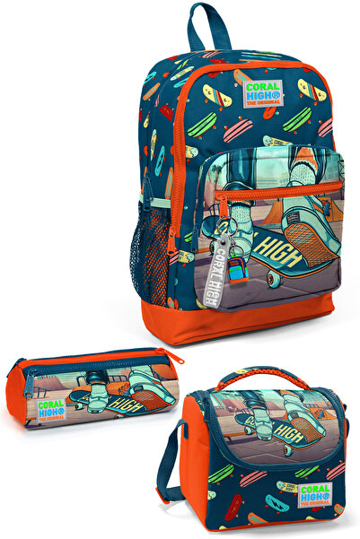 Coral High Kids Civit Neon Orange Skateboard Patterned 3-Piece School Bag Set...