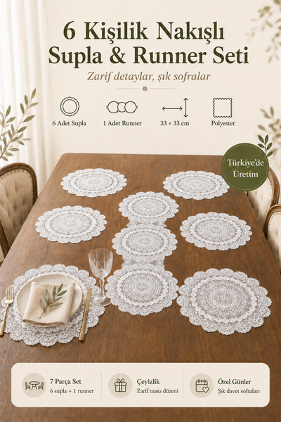 Fabrix Home 6-Person Embroidered American Service Placemat and Runner Set 7-P...
