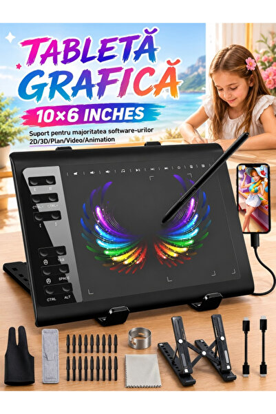 Excitat Tableta de desen, Excitat®, 10x6 inchi cu stilou si suport fara bater...