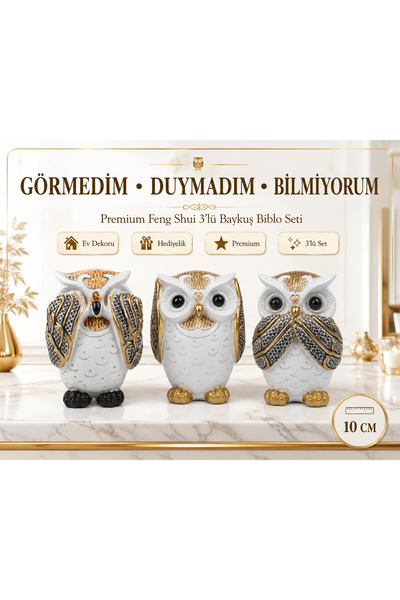 e-life shop Feng Shui Görmedim Duymadım Bilmiyorum 3'lü Baykuş Biblo Dekorati...