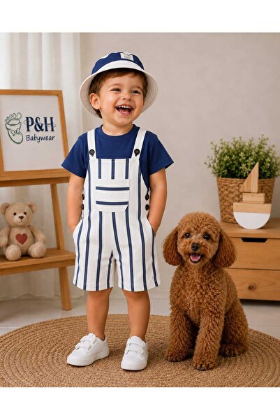 P&H BABYWEAR طقم سالوبيت صيفي للأولاد الصغار مع قبعة سفاري مخططة وحزام كتف
