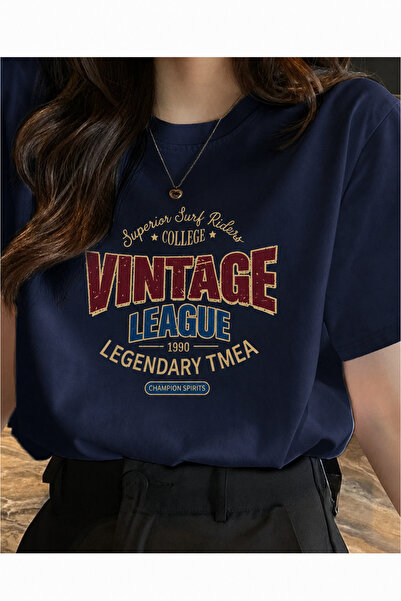 SANTAMİLA Lacivert Vintage Baskılı Oversize Tshirt