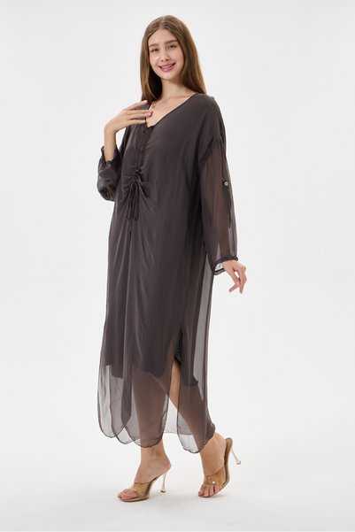 della moor Italian Brown Collar Gathered Folded Long Sleeve Lined Long Silk Dress 38 - 44 Size