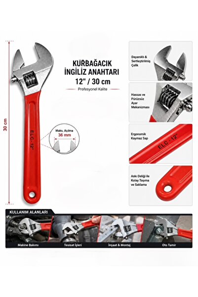 elce ELC12 Kurbağacık İngiliz Anahtarı 12'' İnç 30 cm Ayarlı Anahtar Ergonomi...