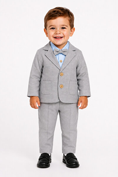 Çelix Kids Erkek Bebek Papyonlu %100 Cotton 4 Lü Takım Elbise