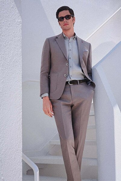 İmza Green Mono Collar Linen 6 Drop Slim Fit Half Lining 100% Linen Suit 1001...