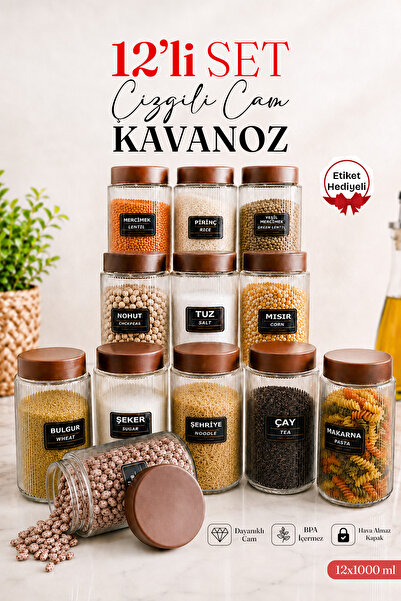 naturelove 12'li Etiketli Çizgili Cam Kavanoz Seti – Plastik Contalı Hava Alm...