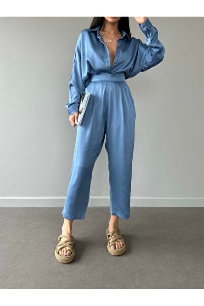 HerTon Set cămașă oversize cu umeri goi și pantaloni evazați