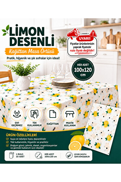 Regron Tek Kullanımlık Kağıt (1 ADET) Masa Örtüsü 100x120 cm Limon Desenli, B...