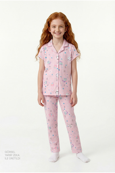 Penti Kız Çocuk Pembe Lic Gabby Kısa Kollu Gömlek Pantolon Pijama Takımı