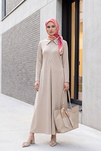 Modamorfo Half-Zip Shirt Collar Long Dress - Light Mink