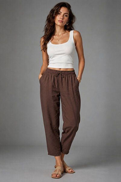 WILD BEE Women's brown elastic waist woven carrot pants