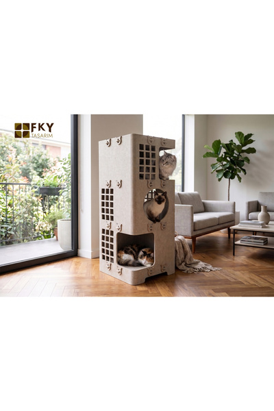 Fky Tasarım Bej Ketoki Üç Katlı Kedi Evi
