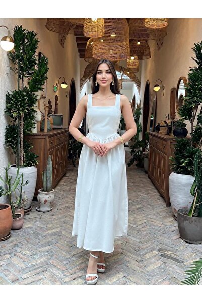 Moda Banuş Ecru Stone Printed A-Line Lace-Up Dress - Tight Fit