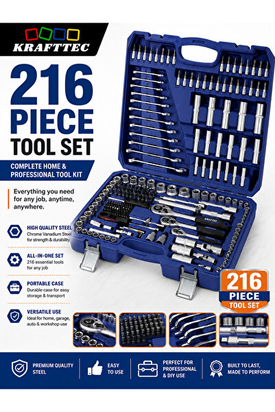 kraftech Set profesional de scule cu chei tubulare și clichet, 216 piese |   ...