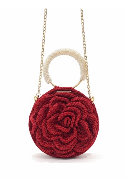 Queen Crochet Hand bag with Rose pattern - أحمر
