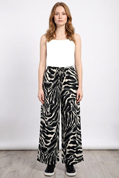 hadiora Women's Black and White Zebra Patterned Atlas Wide Leg Pants