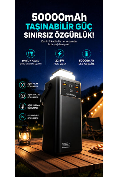 50.000 mah 22.5w 2xUSB 2xType-C Output Fast Charging Multi Wired Powerbank Camping Light Lantern Power Bank