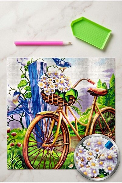 LİVA CRAFT Art & Craft Elmas Mozaik Tablo, 30x30cm Çiçekli Bisikler Boncuk Ya...
