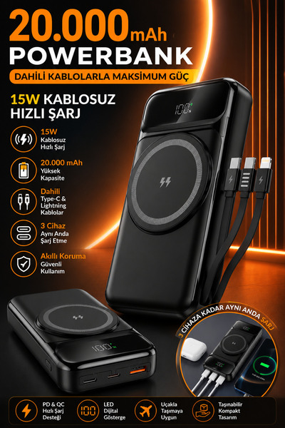 MATECHNO 20.000 mAh Powerbank Dahili Type-C & Lightning Kablolu, 15W Kablosuz...