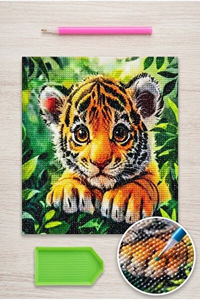 LİVA CRAFT Art & Craft Elmas Mozaik Tablo, 30x30cm Yavru Kaplan Boncuk Yapışt...