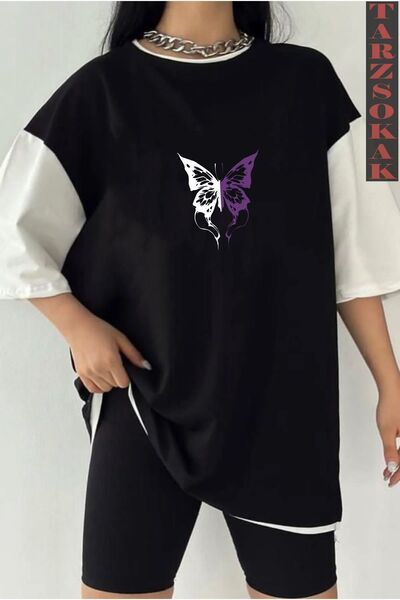 Tarzsokak Siyah Oversize Çift Renk KELEBEK YAZI  Baskılı Unisex Tshirt