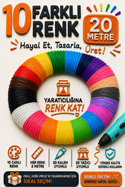 BOTE CONCEPT 3D Kalem İçin PLA 10 Canlı Renk Filament Seti 20 Metre – 10 Canl...