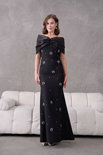 Cahide kadın {Black. White. Blue. Mor}. tül ve taş detaylı abiye elbise