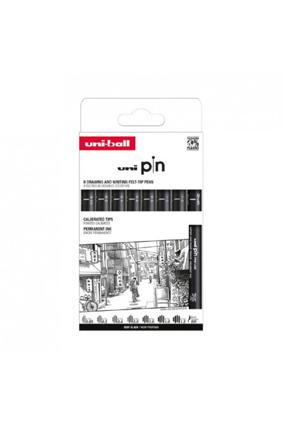 UNİ-BALL Set de 8 x liner UNI PIN-200, pe bază de apă, vârf 0,05-1,2 mm + pen...