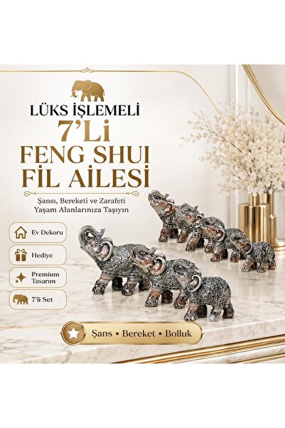 e-life shop Lüks İşlemeli 7'li Feng Shui Fil Biblo Seti Şans Bereket Dekorati...