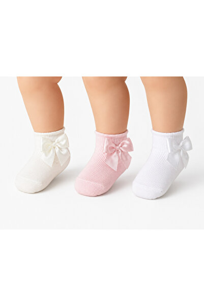 EFİLACCESSORİES 3-Piece Newborn Soft Cotton Socks Set with Bow Detail