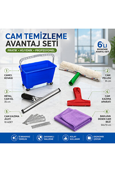 Femy Cam Temizlik Avantaj Seti | Tekerlekli Kova, Cam Peluşu, Metal Çek Sil, ...