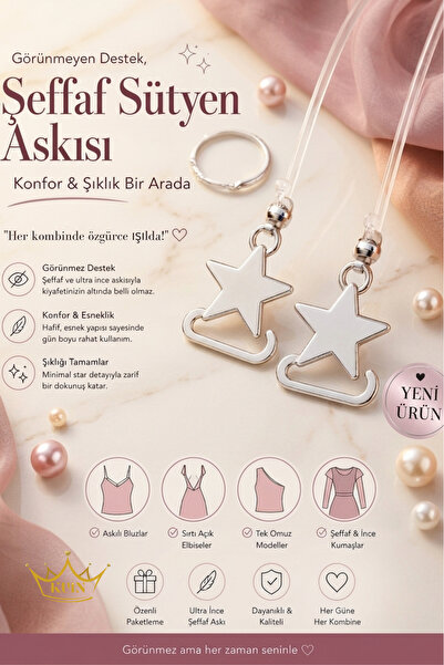 KUIN Ultra İnce Yıldız Desenli Görünmez Ayarlanabilir Şeffaf Sütyen Askısı-El...