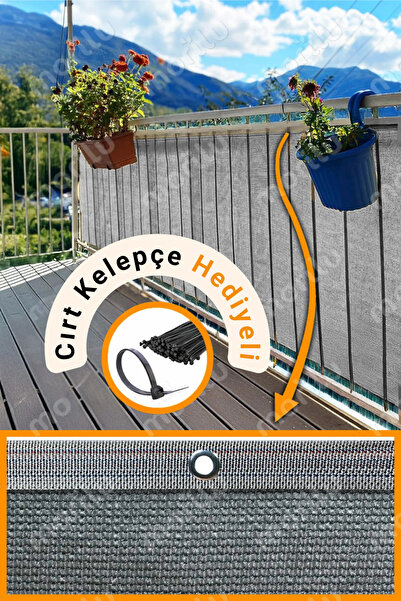 Morilu %95lik Gri Renk BALKON PERDESİ - KIRÇILLI Şeritli Halkalı - Balkon Giz...