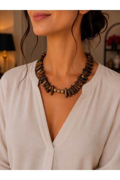 Leyandoğaltaş Natural Tiger's Eye Stone Necklace 40 cm – Handmade Design Neck...
