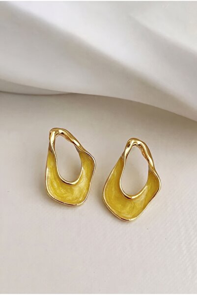 Glaren Asimetrik Sarı Mineli Altın Renk Kadın Küpe