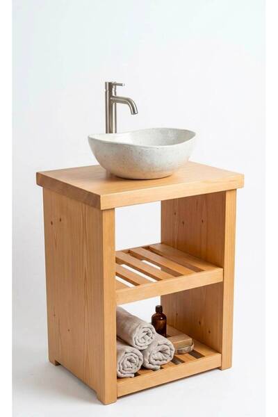 Ahşap Çanak Lavabo Uyumlu Doğal Lavabo Alt Dolabı | 2 Raflı Banyo Organizeri