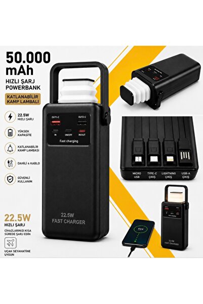 kawigo 50000mAh Powerbank Dahili Kablolu 22.5W Hızlı Şarj Taşınabilir Kamp La...