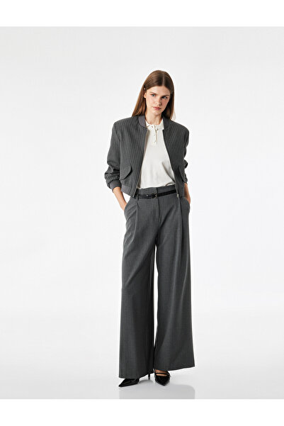 Koton Pleated Straight Wide-Leg Belted Striped Fabric Trousers