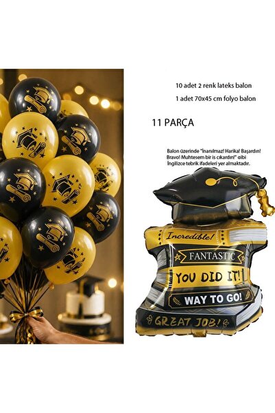 partidolu Mezuniyet İngilizce Mesajlı Folyo Balon ve Mezuniyet Grad Temalı La...