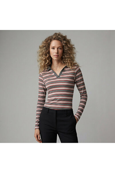 BLOUSE Polo Yaka Çizgili Örme Bluz