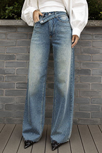 Tesettür Dünyası Stoned Cross Belted Jeans Tsd260194 Washable Light Blue