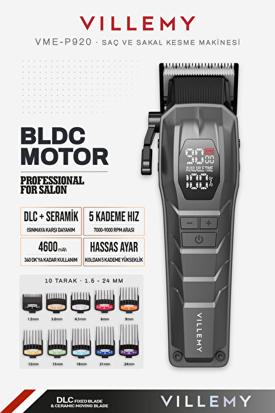 VILLEMY VME-P920 Profesyonel Saç ve Sakal Kesme Makinesi BLDC Motor Şarjlı DL...