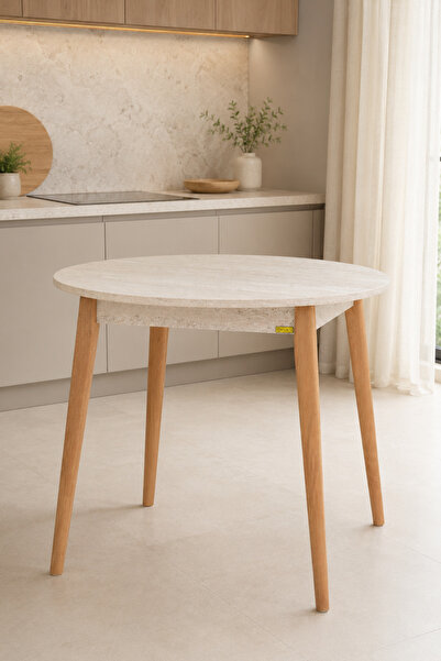 VİLİNZE Avanos Yuvarlak Sabit Mdf Traverten Mutfak Masası - Q90 Cm