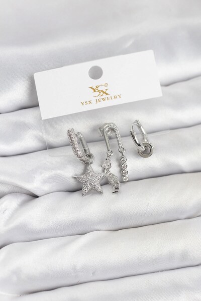 Inure Jewelry طقم أقراط نجمة من الزركون بلون فضي نحاسي طراز YSX Trio